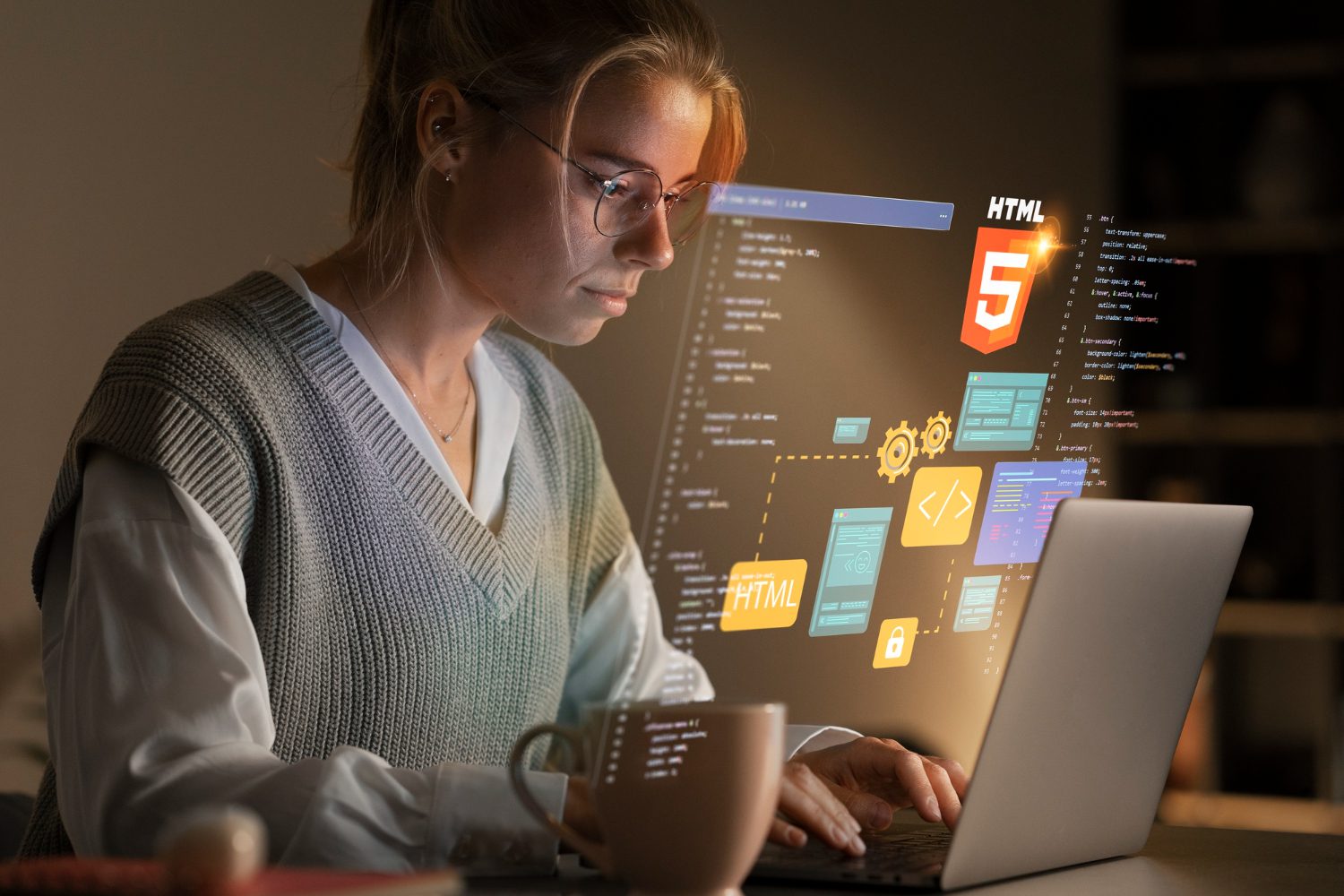 Medium shot woman working on laptop<br />
